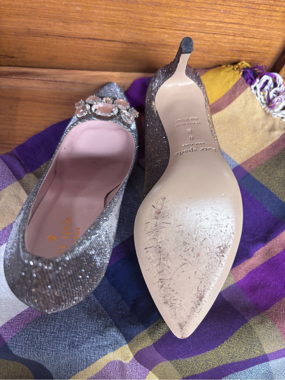 kate spade Gold Glitter Jeweled Pointed-Toe Pumps with Crystal Accent - Picture 8 of 10